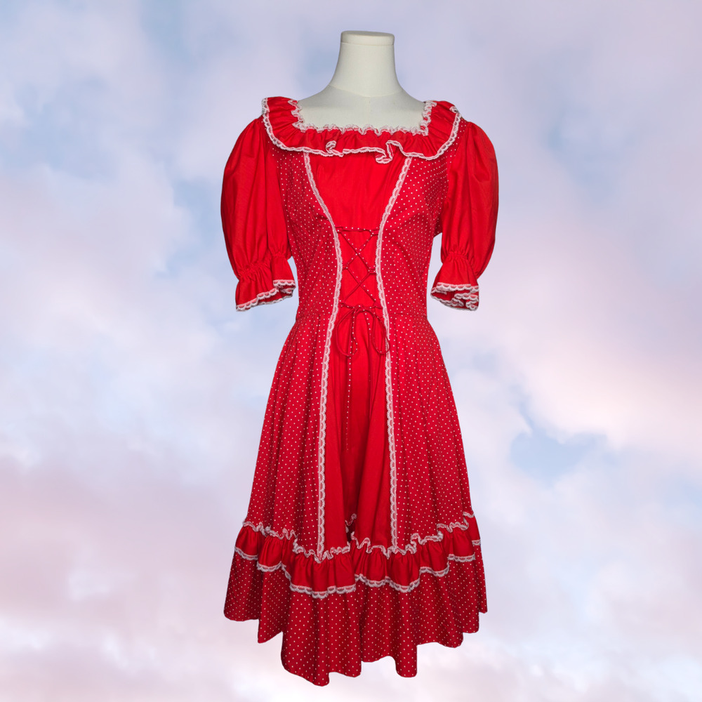 Vtg Partners Please 60s Red Polka Dot White Lace Western Square Dance Dress Sz18